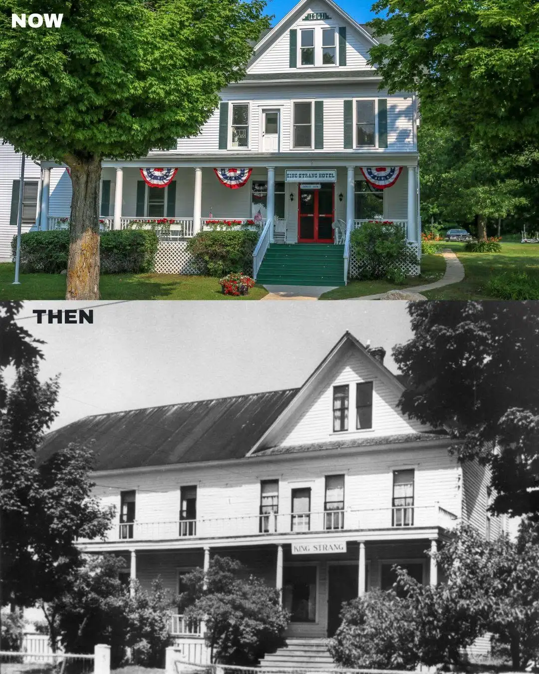 A color and black-and-white then-and-now view of a two-story wood-sided hotel with a broad porch.