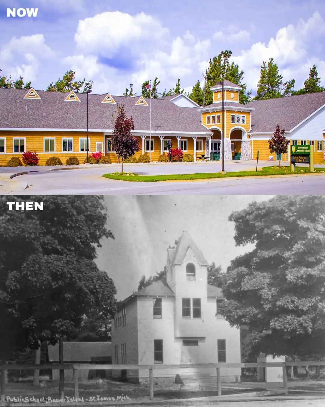 A split image compares a yellow-sided school building above with an older white schoolhouse below.