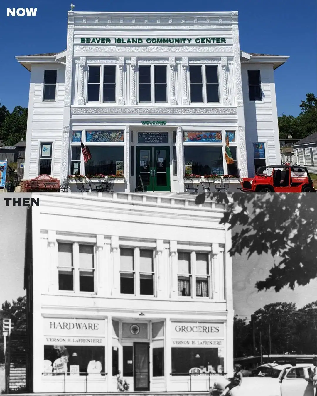Composite showing a renovated white commercial building above an earlier storefront photograph.