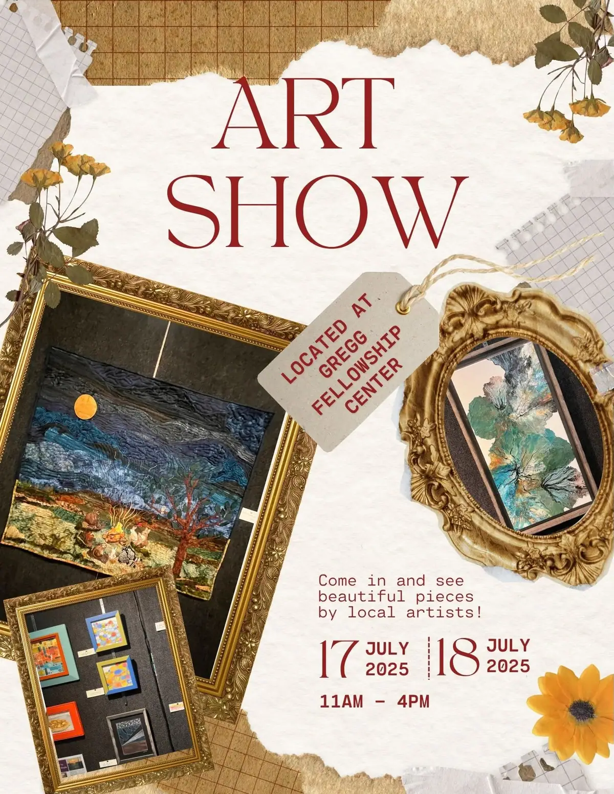 Poster advertising an art show, with framed paintings, floral decoration, and event details.