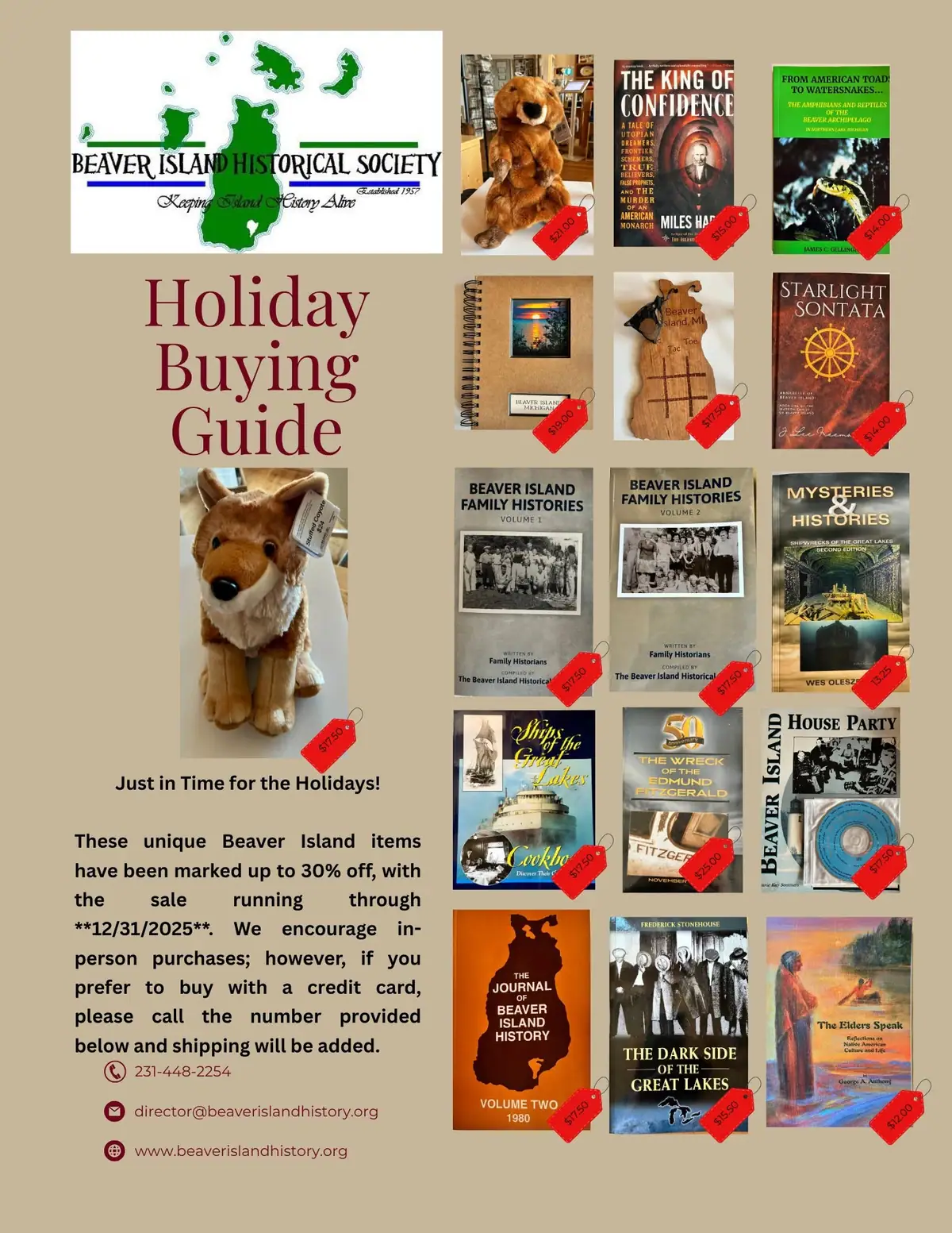 Promotional holiday shopping poster showing books, plush toys, notebooks, and other historical merchandise with red sale tags.