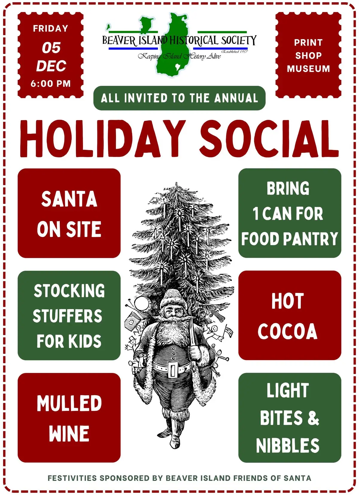 Illustrated holiday social poster with Santa, an evergreen tree, event details, and food and drink offerings.