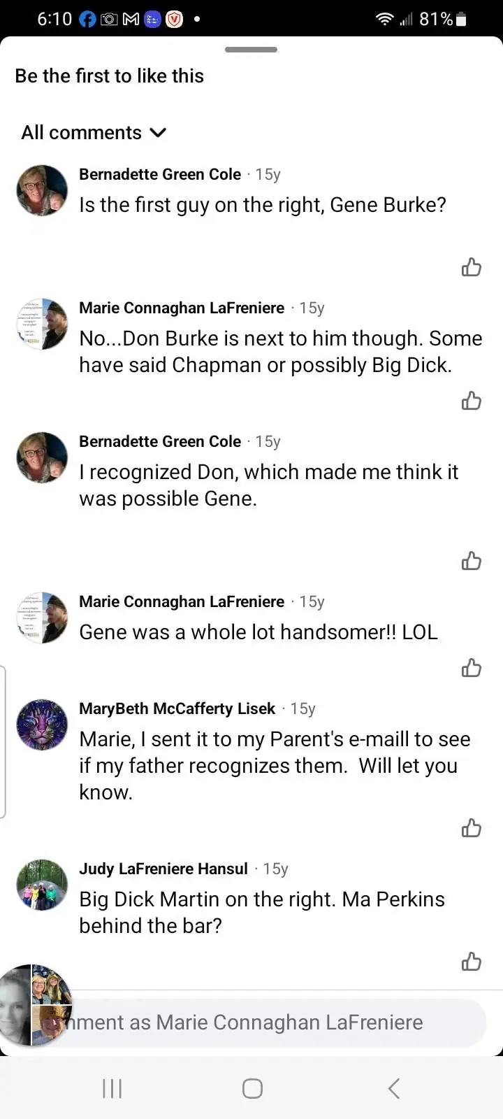 Screen capture of a social-media comment thread with small profile images and discussion about people in an unseen photograph.