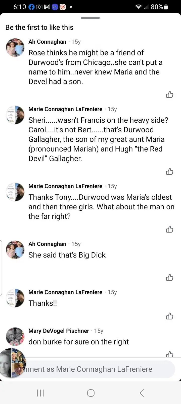 A smartphone screenshot shows a social-media comment thread with profile images and discussion about people in a group photograph.