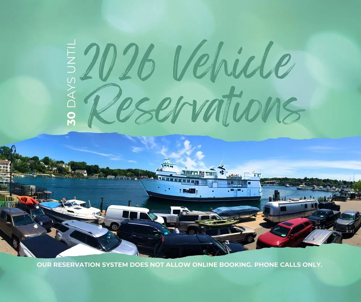 Promotional graphic showing a passenger ferry at a waterfront dock beside a crowded vehicle parking area.