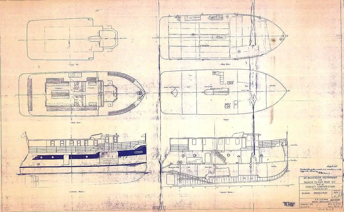Engineering drawing showing plan, profile, and arrangement views of a passenger motorboat.