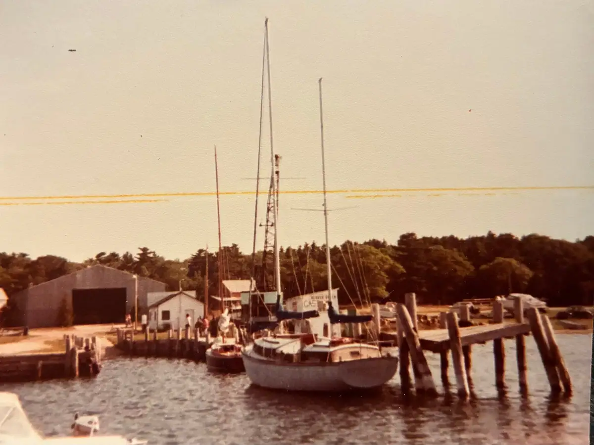 Sailboats moored beside a wooden pier, with shore buildings, people, and a wooded shoreline behind.