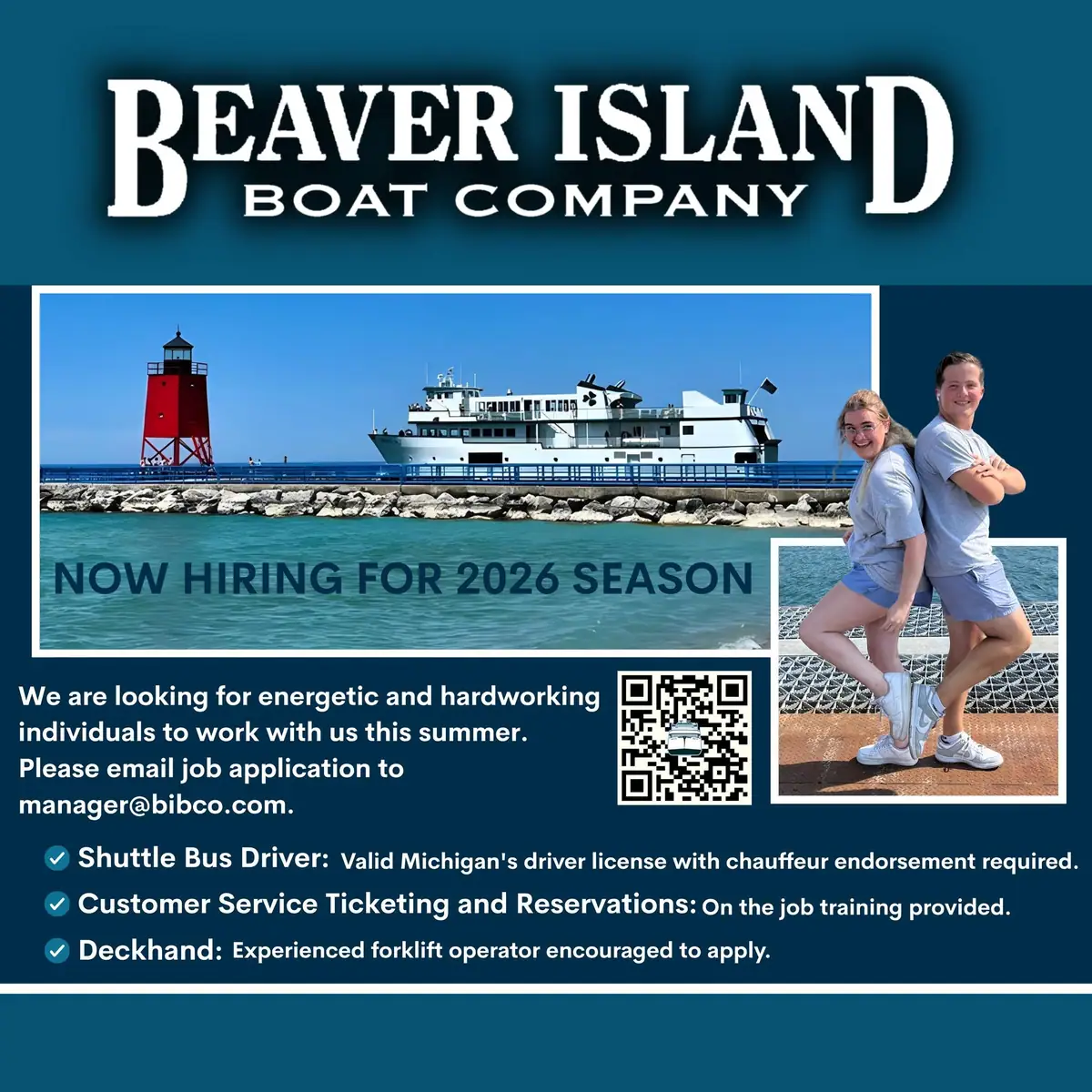 Hiring poster featuring a passenger ferry, red lighthouse, two people, and employment text.