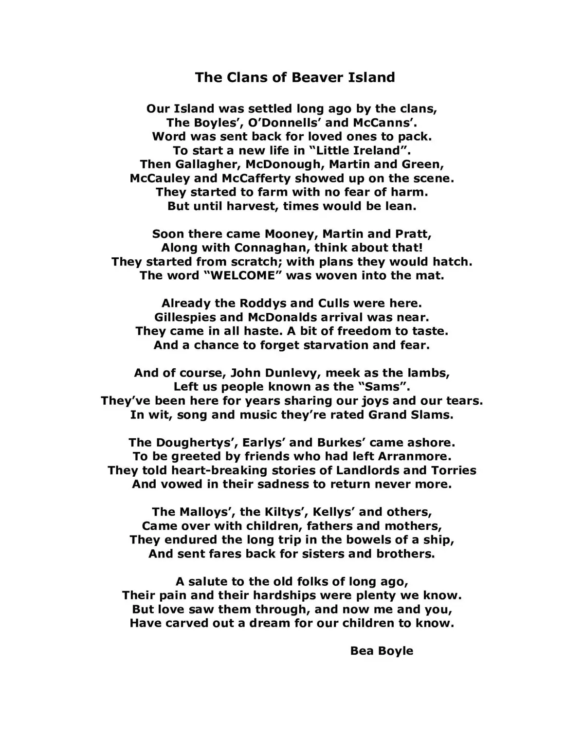 A typed poem titled “The Clans of Beaver Island” lists family names and describes migration, hardship, and settlement.