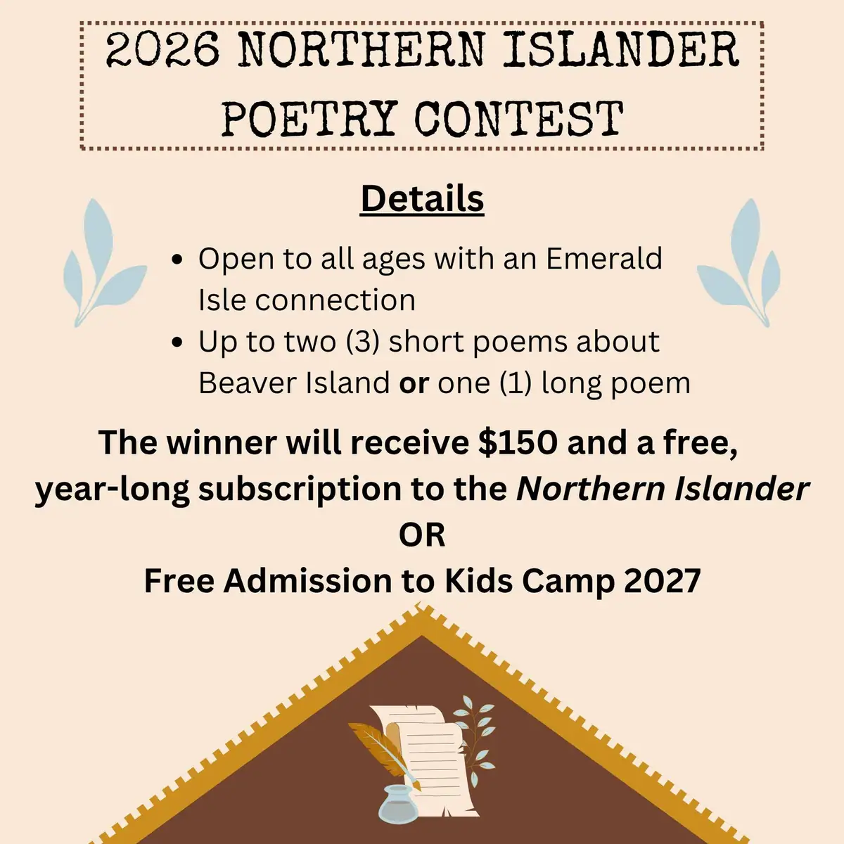 Illustrated poetry contest announcement with printed rules and a quill, inkwell, and paper.