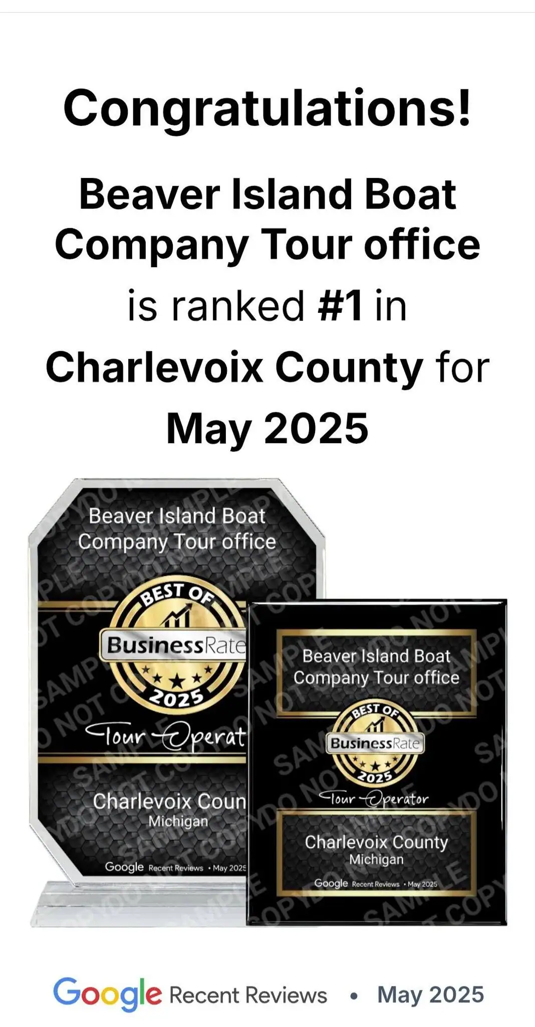 Promotional graphic showing two BusinessRate 2025 tour operator award plaques and a congratulatory headline.