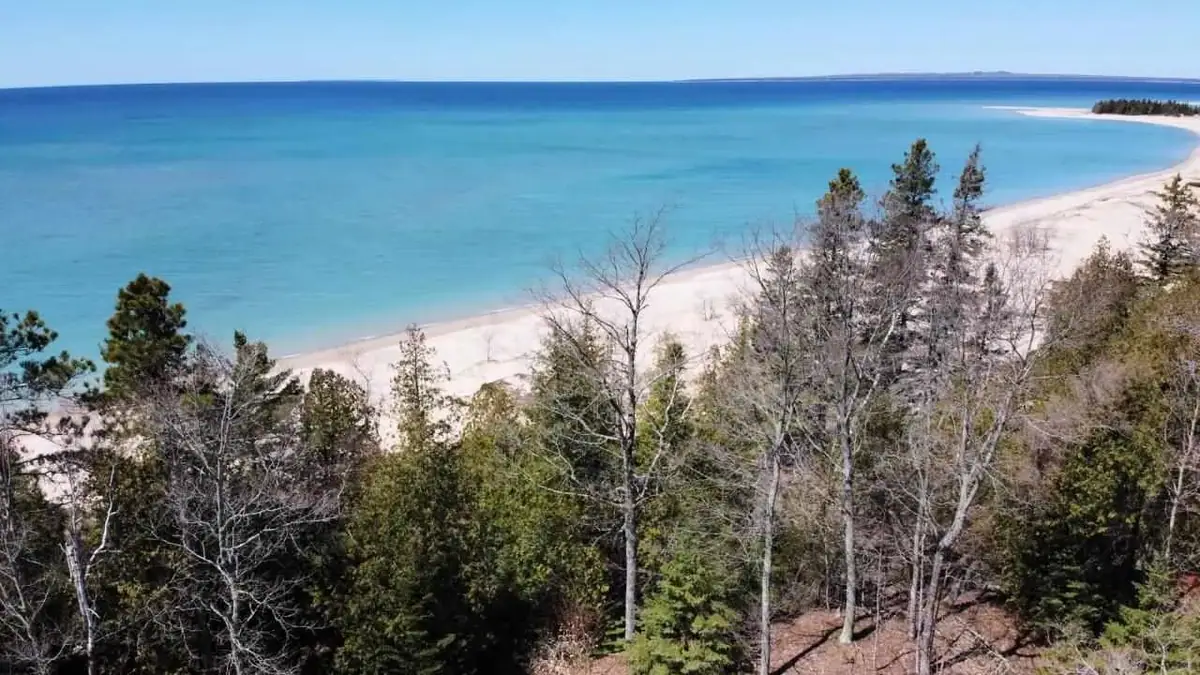 Elevated view of a broad sandy shoreline beside bright blue water and mixed forest.
