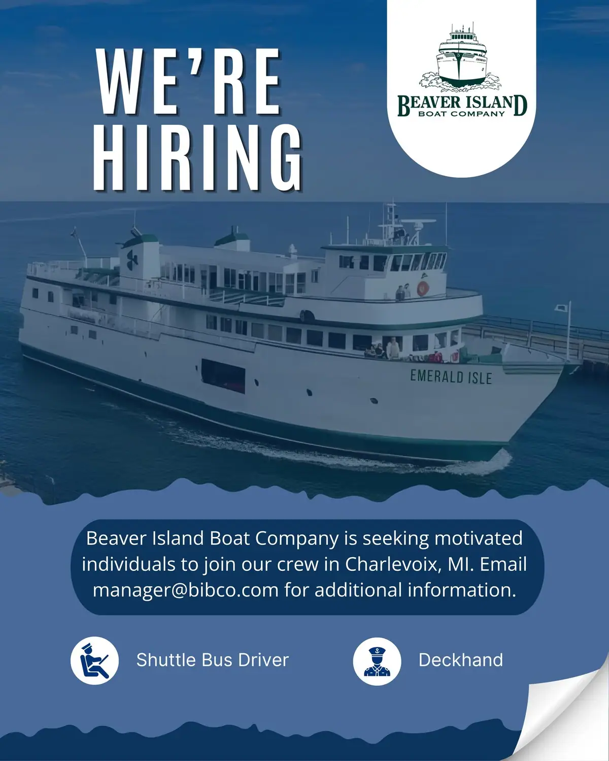 A recruitment graphic shows a large white ferry beneath the words “WE’RE HIRING.”