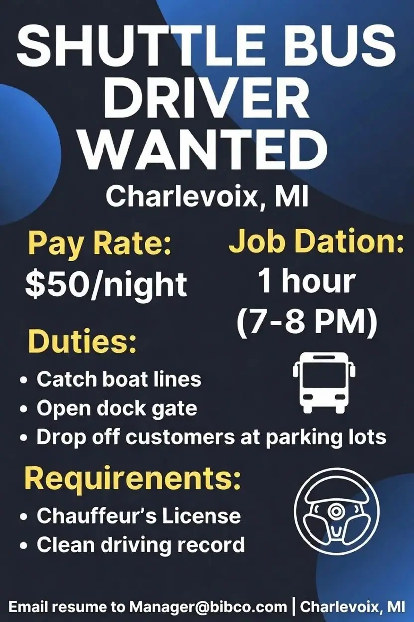 Recruitment flyer seeking a shuttle bus driver, with pay, duties, hours, and application requirements.