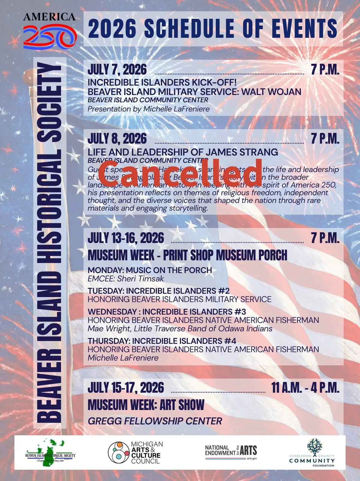 A patriotic event poster announces a 2026 schedule of historical programs, museum activities, and an art show.