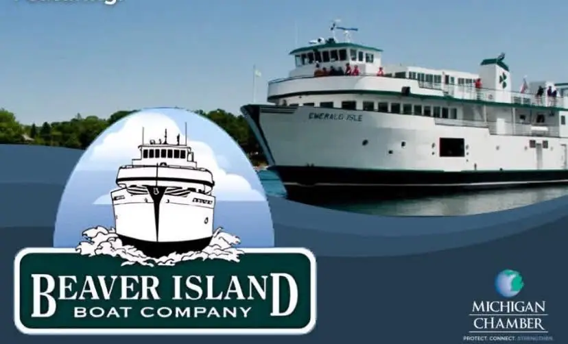 Composite graphic showing a large white ferry on the water beside an illustrated ferry logo and promotional lettering.