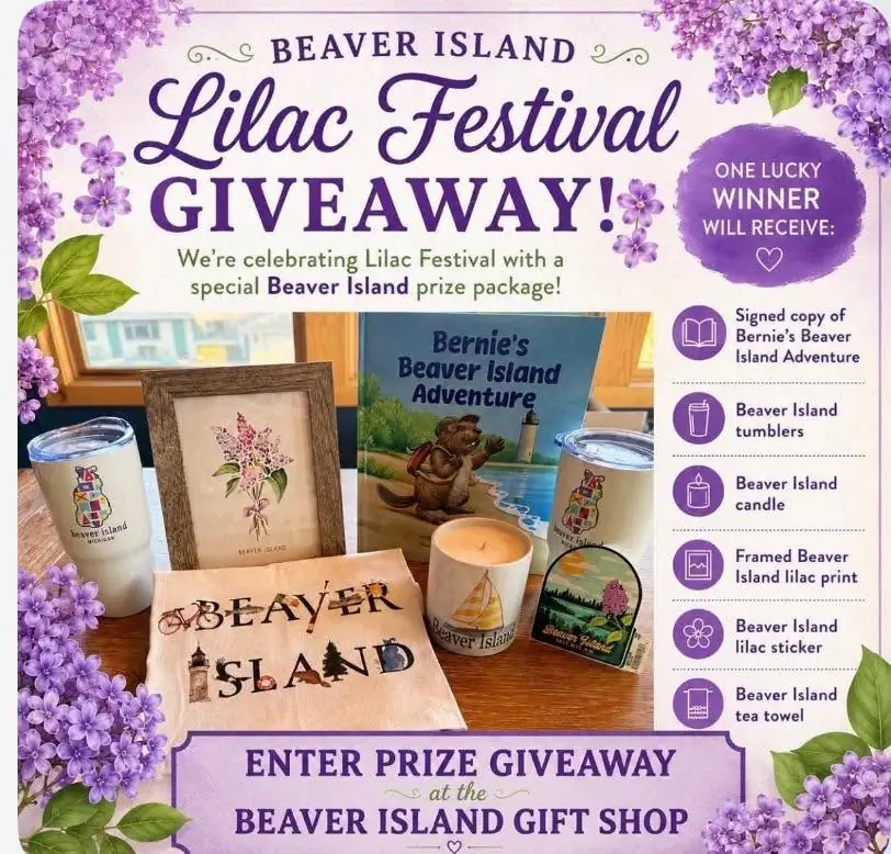 Promotional giveaway graphic with lilac flowers and a collection of themed books, drinkware, candles, prints, stickers, and textiles.