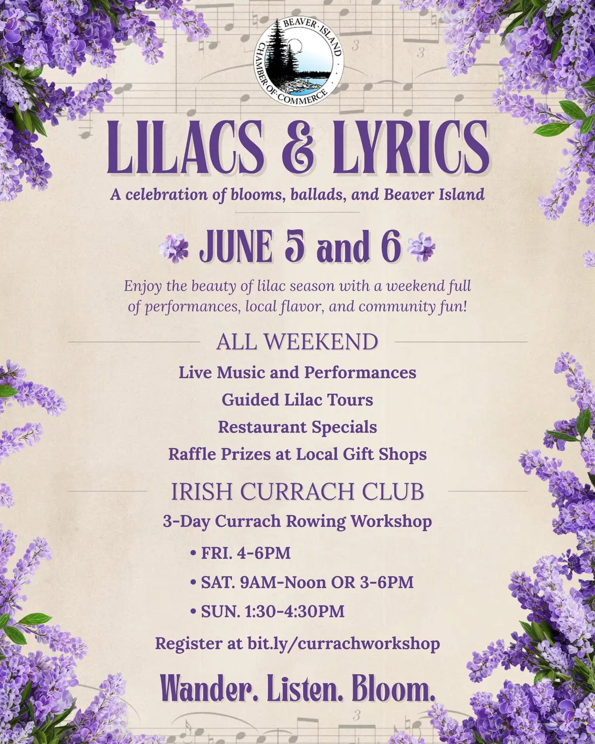 Illustrated event poster with lilac blossoms, musical notes, and purple text advertising performances and a rowing workshop.
