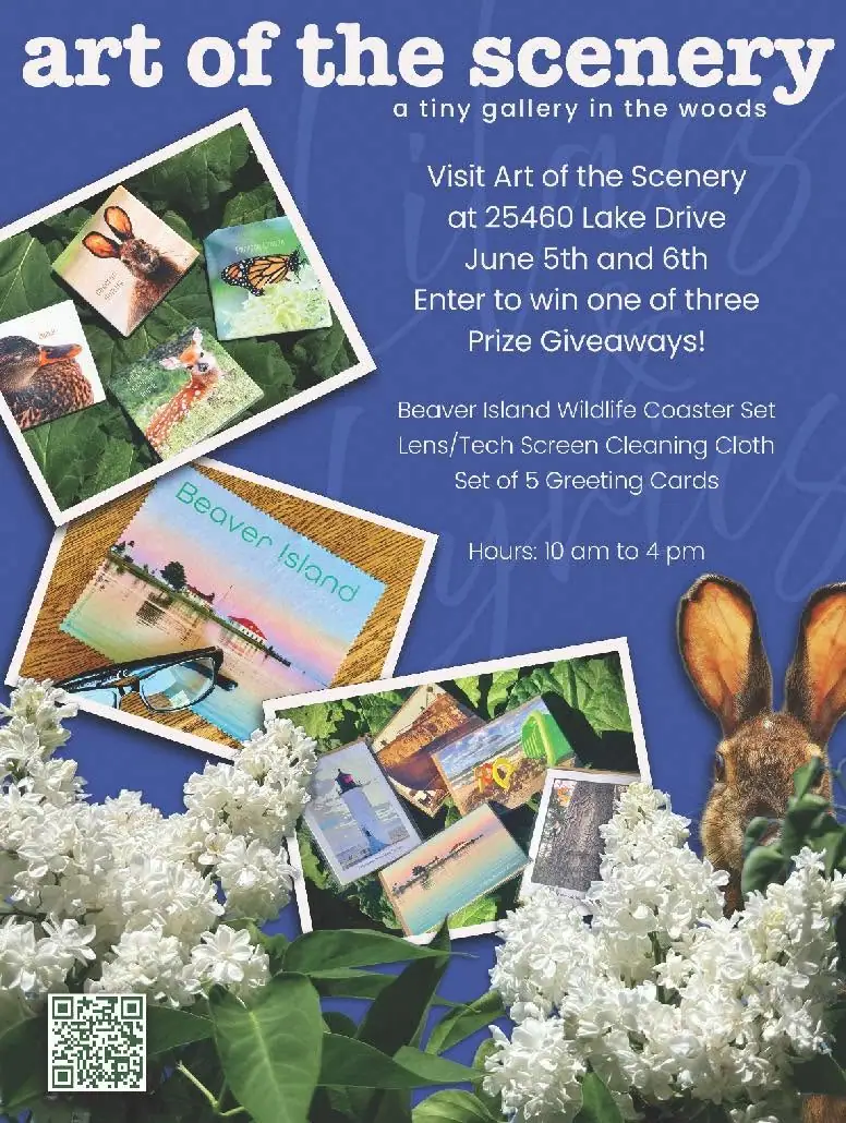 Promotional graphic for a small gallery featuring wildlife products, greeting cards, flowers, and a rabbit.