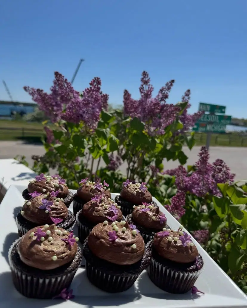 Chocolate cupcakes decorated with purple flowers and pale sprinkles sit before blooming lilacs and a green road sign.