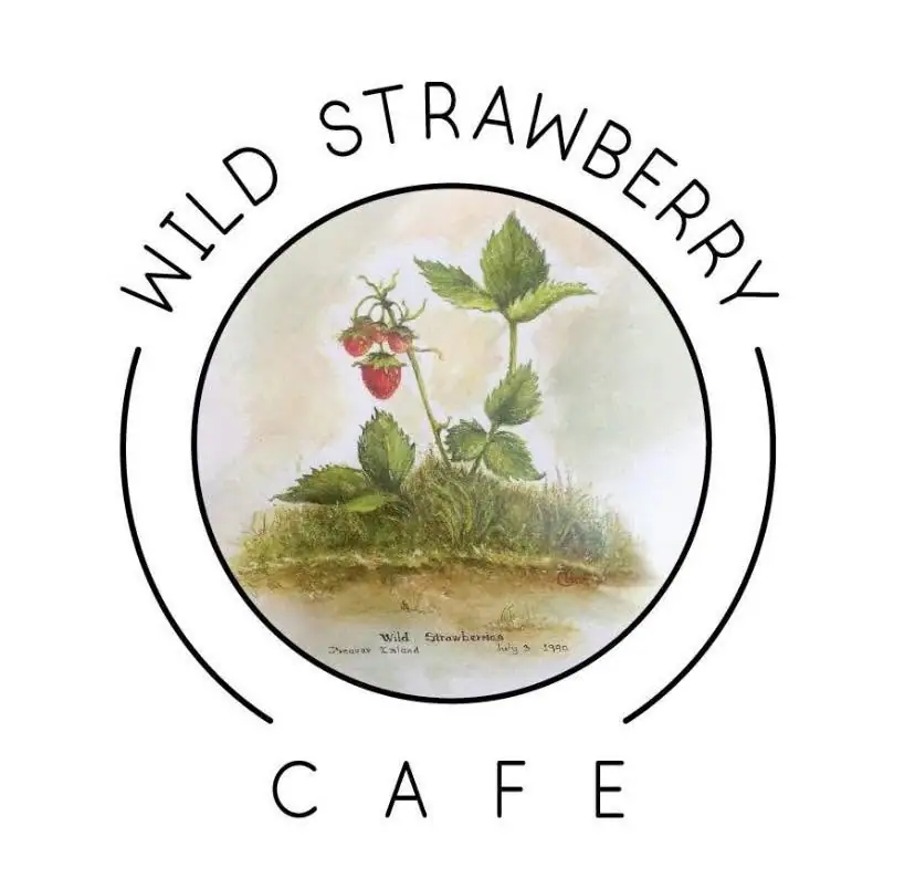 Circular botanical illustration of a wild strawberry plant with red fruit, surrounded by the words “WILD STRAWBERRY CAFE.”