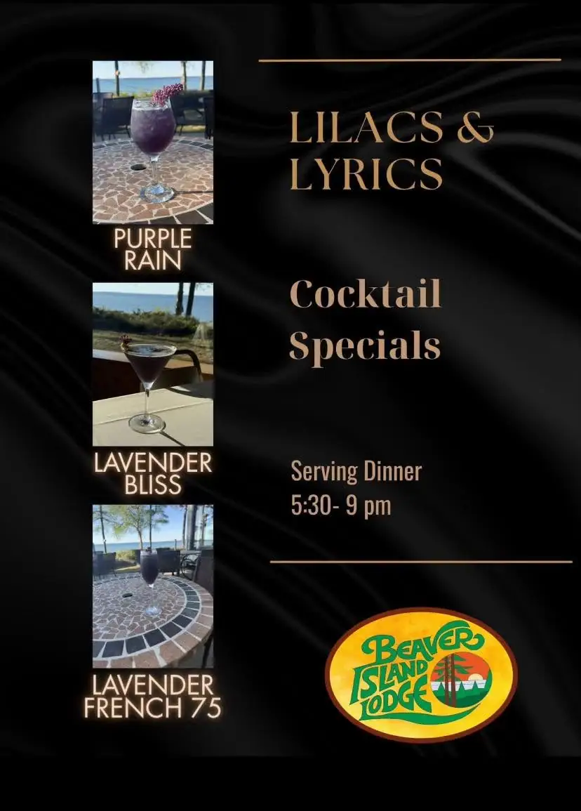 Promotional graphic showing three purple cocktails and dinner details beside a lodge logo.