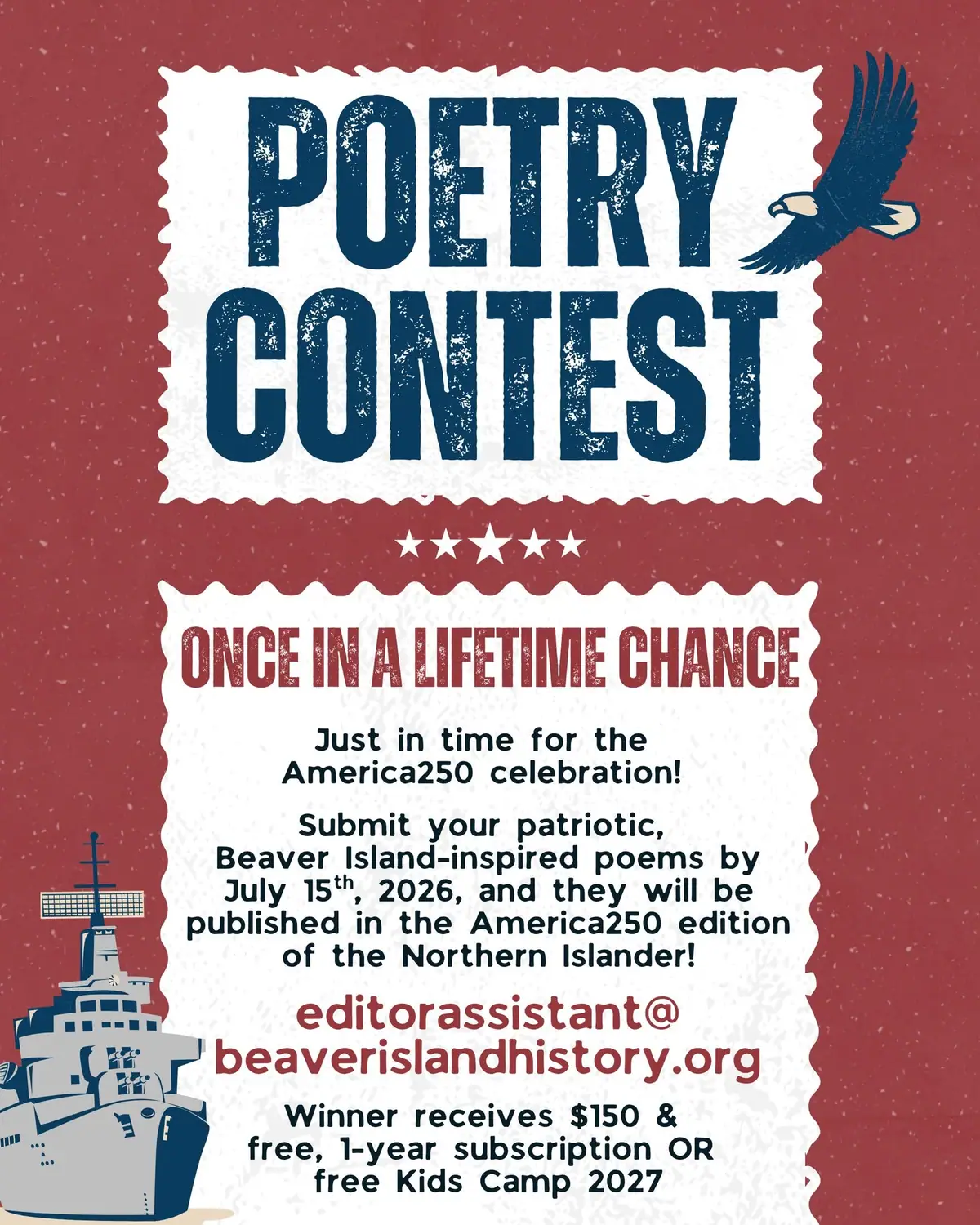Illustrated poetry contest poster with an eagle, a vessel, stars, and bold white and blue lettering on red.