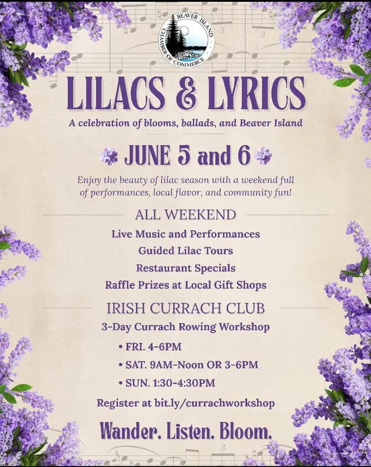 A floral event poster announces Lilacs & Lyrics with music, tours, and a currach rowing workshop.
