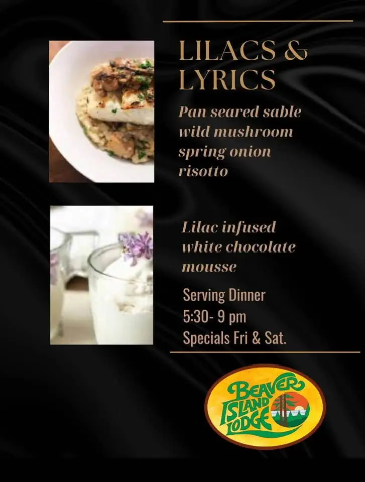 Promotional graphic featuring plated sable with risotto, lilac mousse, and dinner service information.