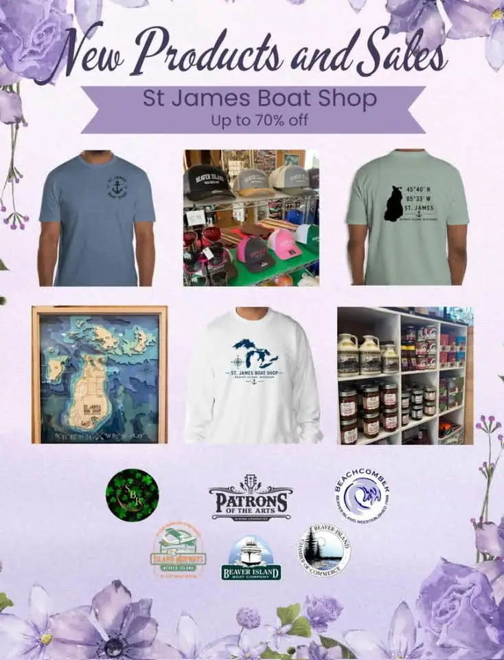 Promotional graphic showing retail merchandise, a framed map, store shelves, and discount text.