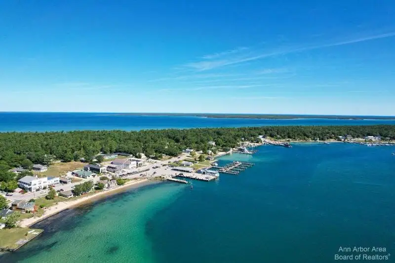 Aerial view of a shoreline settlement with docks, buildings, forest, and blue water.