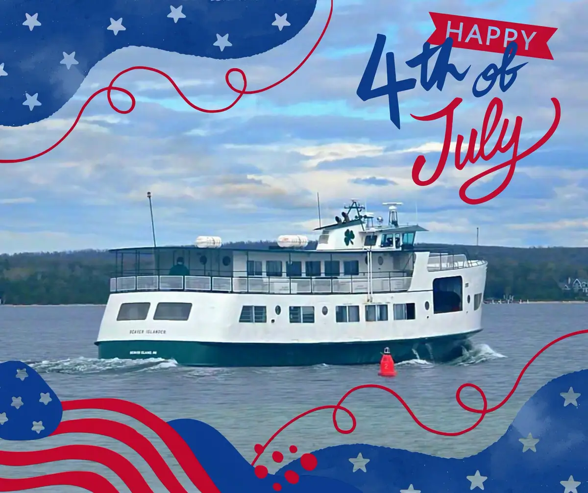 Patriotic graphic featuring a white passenger ferry with a green hull on open water.