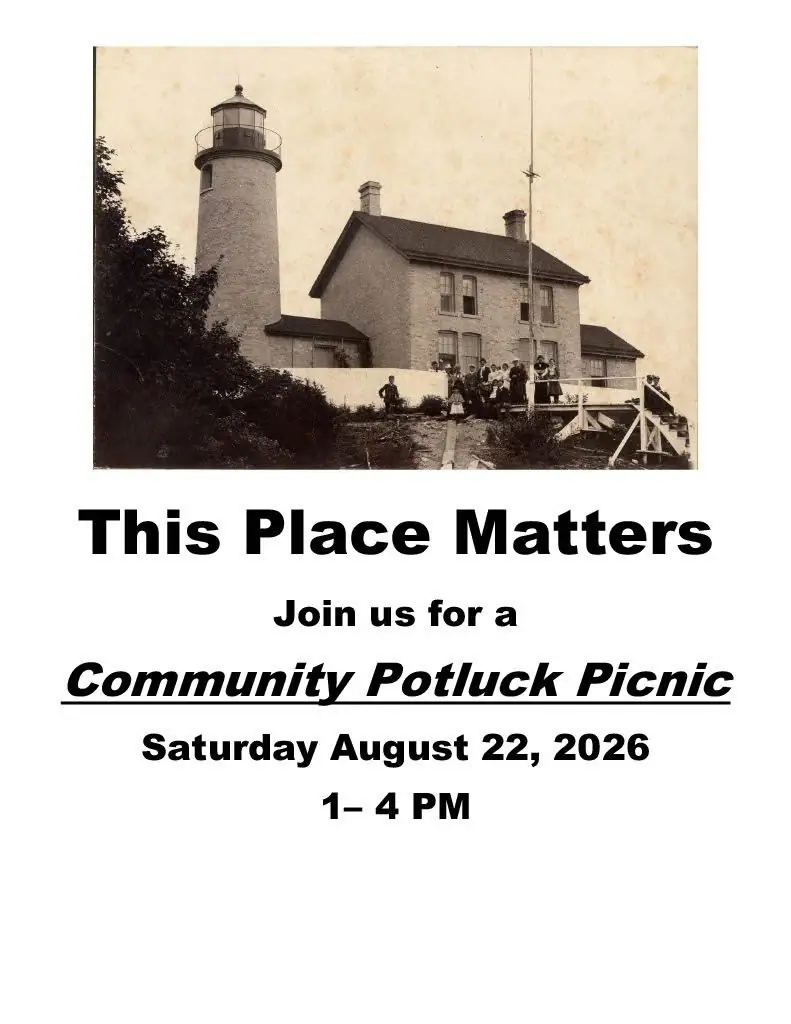 Poster showing a lighthouse photograph above an invitation to a community potluck picnic.