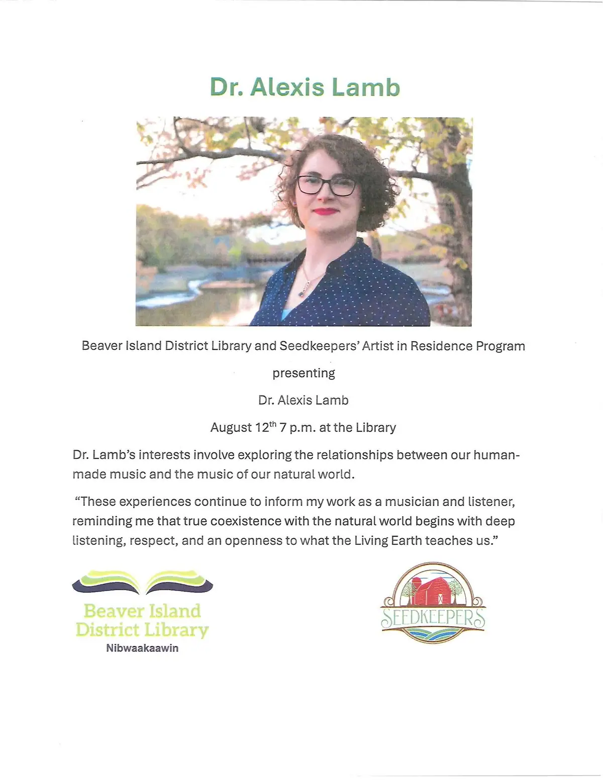 Promotional flyer with a portrait and text for a library artist-in-residence presentation.