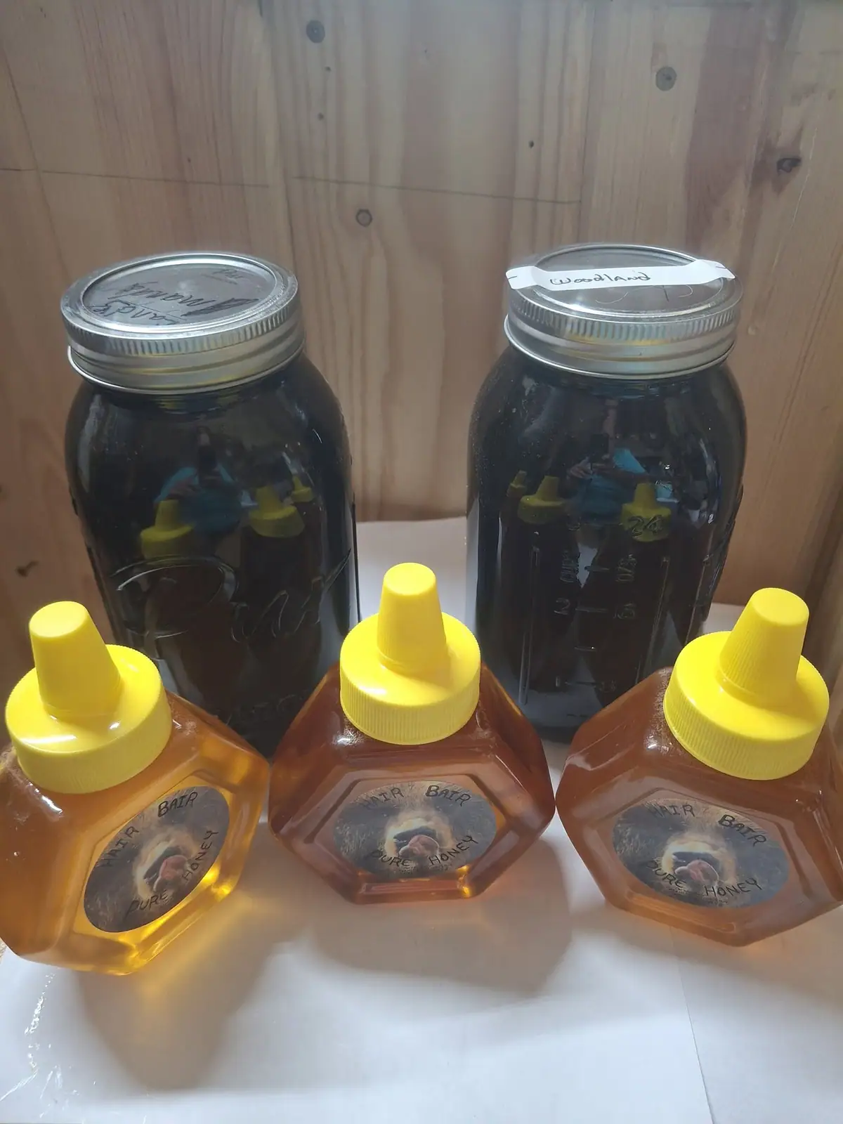 Glass jars and squeeze bottles filled with amber honey are arranged against a wood-paneled background.