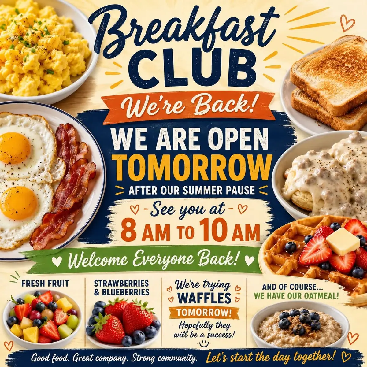 Illustrated breakfast poster announcing a breakfast club reopening with food images and large printed text.