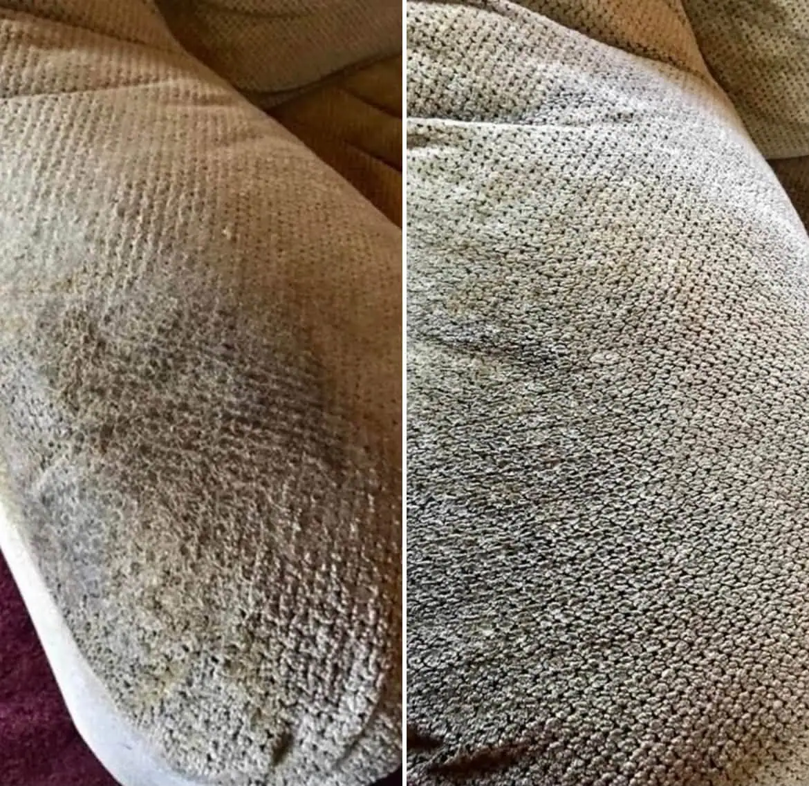 Split close-up photograph showing pale textured fabric with folds and a dense woven surface.