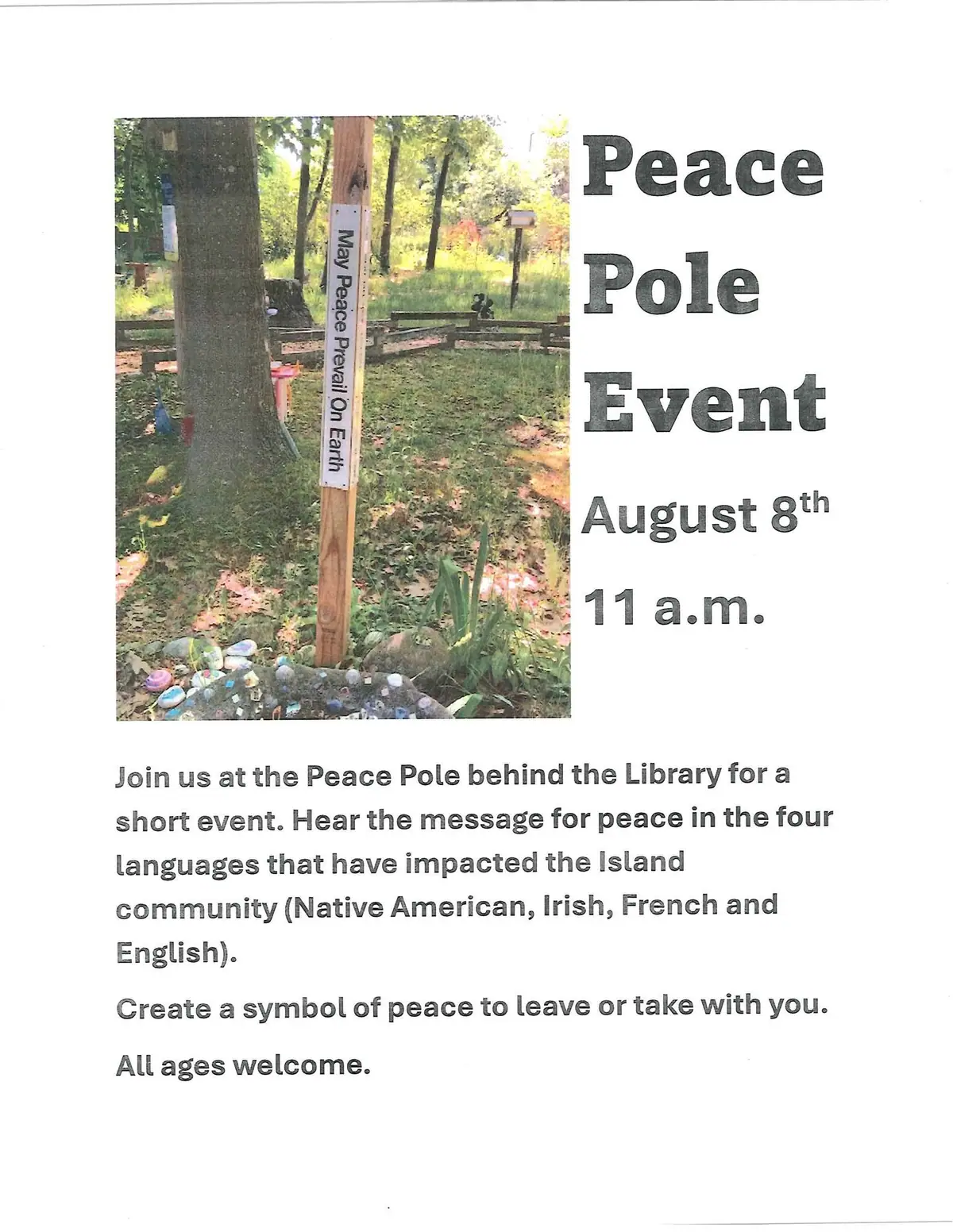 Flyer featuring a peace pole photograph and an announcement for a peace pole event.
