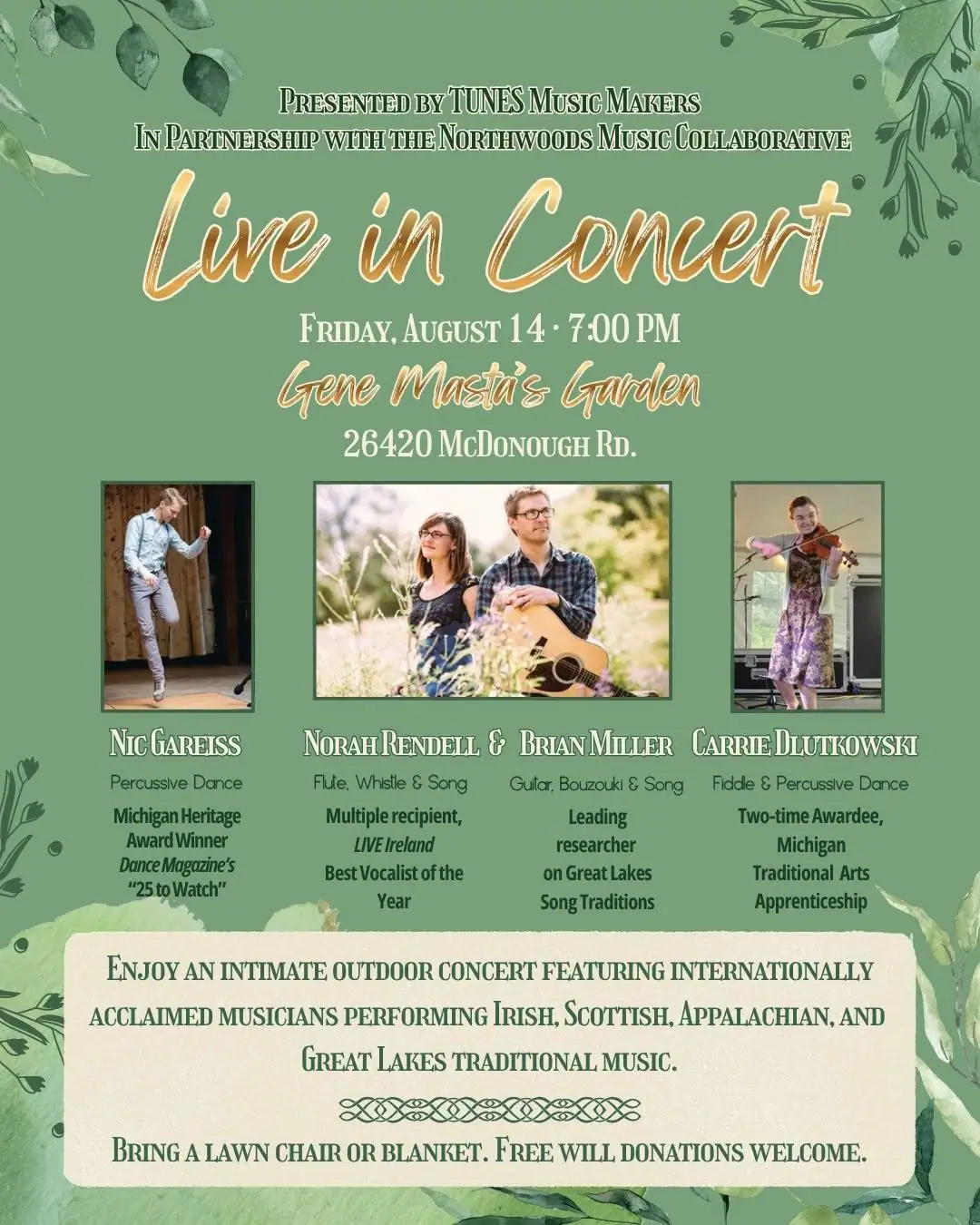 Illustrated concert poster with botanical borders, performer portraits, event details, and traditional music descriptions.
