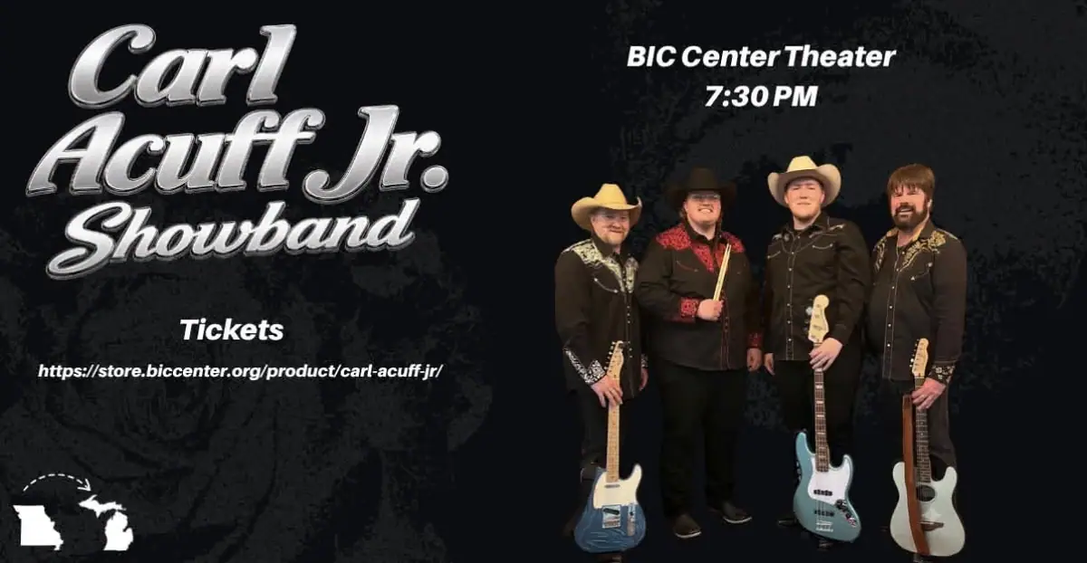 Promotional graphic showing four western-clad musicians with guitars and event information.