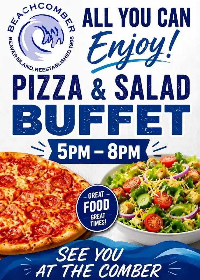 Promotional graphic advertising an all-you-can-enjoy pizza and salad buffet with a pizza, salad, and wave logo.