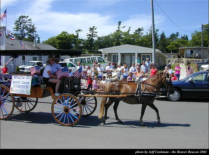 Horse-drawn wagon carrying people and American flags passes spectators during a parade.