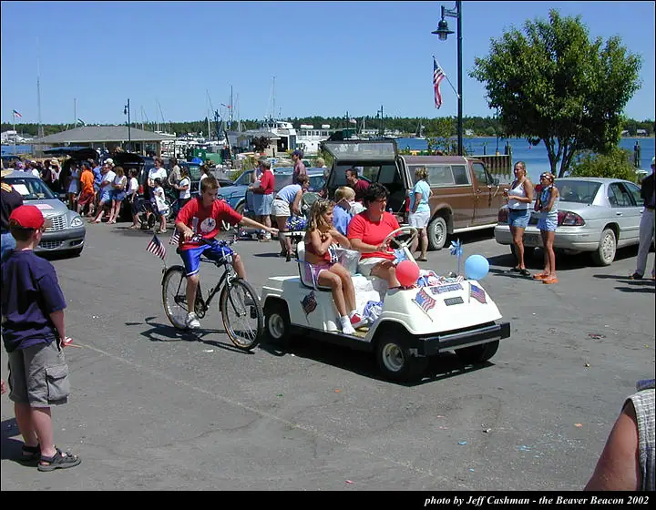 A decorated golf cart moves through a waterfront parade while a child rides alongside on a bicycle.