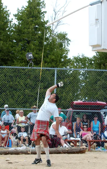 An athlete in a red plaid kilt throws a hammer before seated spectators.