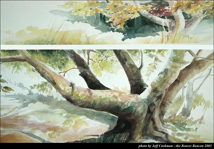 Photograph of a watercolor artwork showing branching trees in two horizontal scenes.