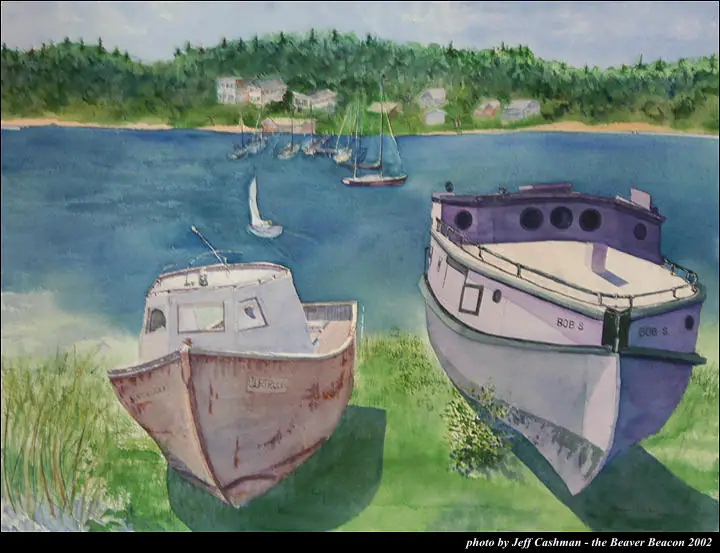 Painting of two boats on a grassy shore beside sailboats and a wooded shoreline.