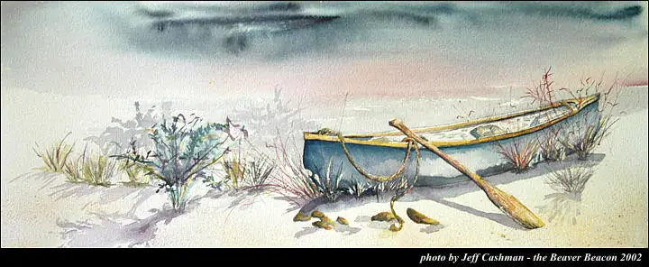 Watercolor painting of a blue rowboat on a sandy shore with an oar, rope, grasses, and shallow water.