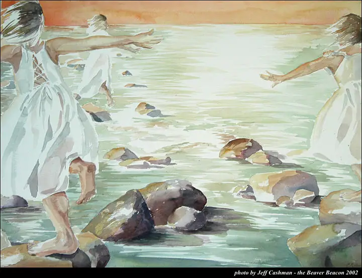 Watercolor painting of three figures in white dresses among rocks and shallow water.