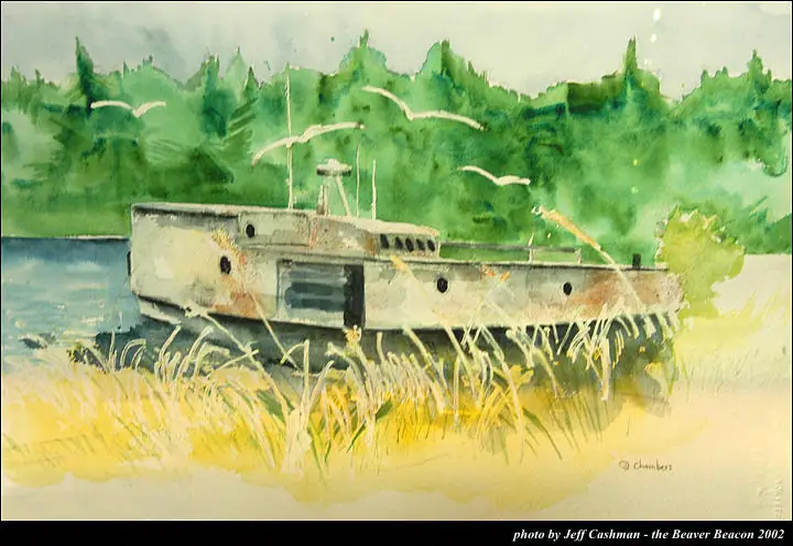 Watercolor painting of a weathered boat beside a grassy shoreline, with forest and flying birds behind it.