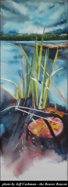 Vertical painting of reeds and lily pads in shallow water beneath a cloudy sky.
